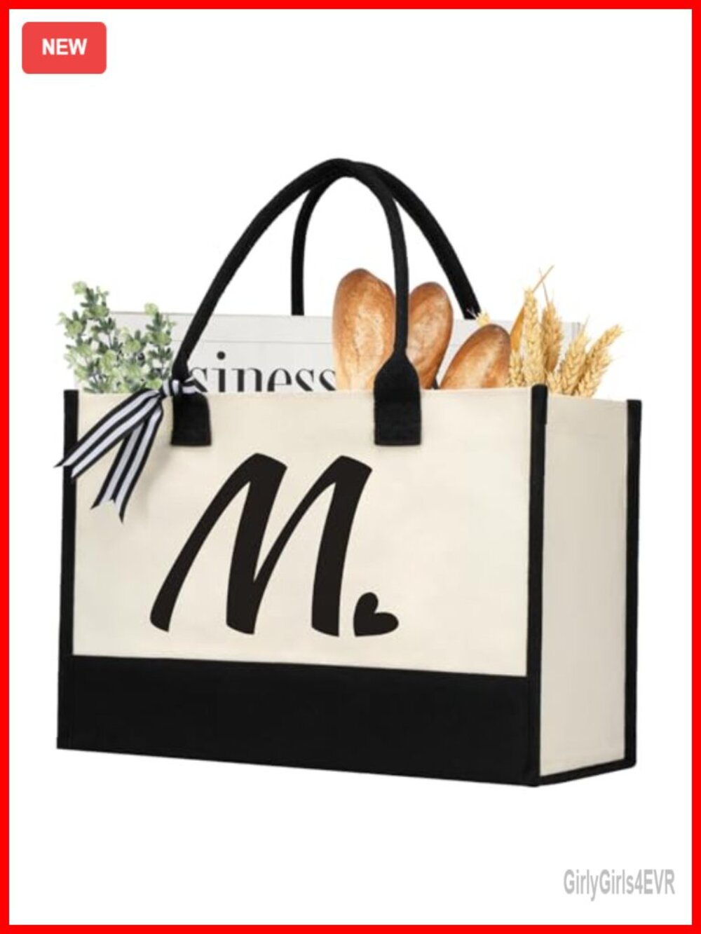 Large Canvas Tote Bag with Initial Monogram - Personalized Beach Bag for Women